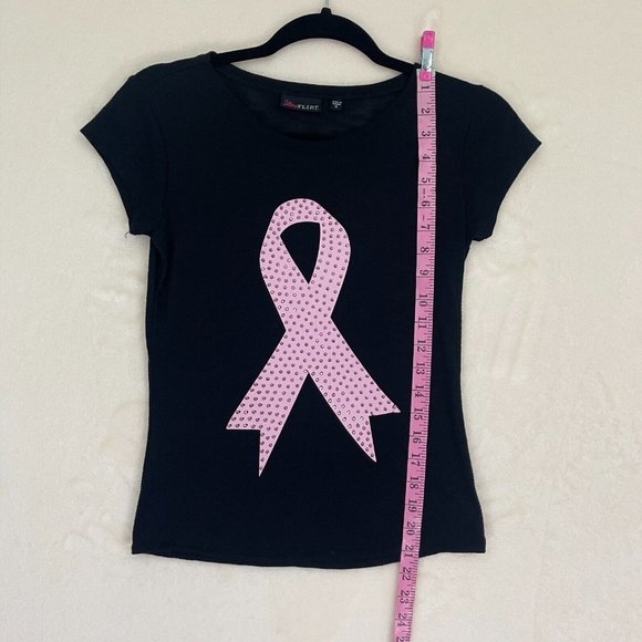 Ultra Flirt Pink Ribbon Pink Studs Black Short Sleeve Top Women's Size Small - Picture 3 of 8